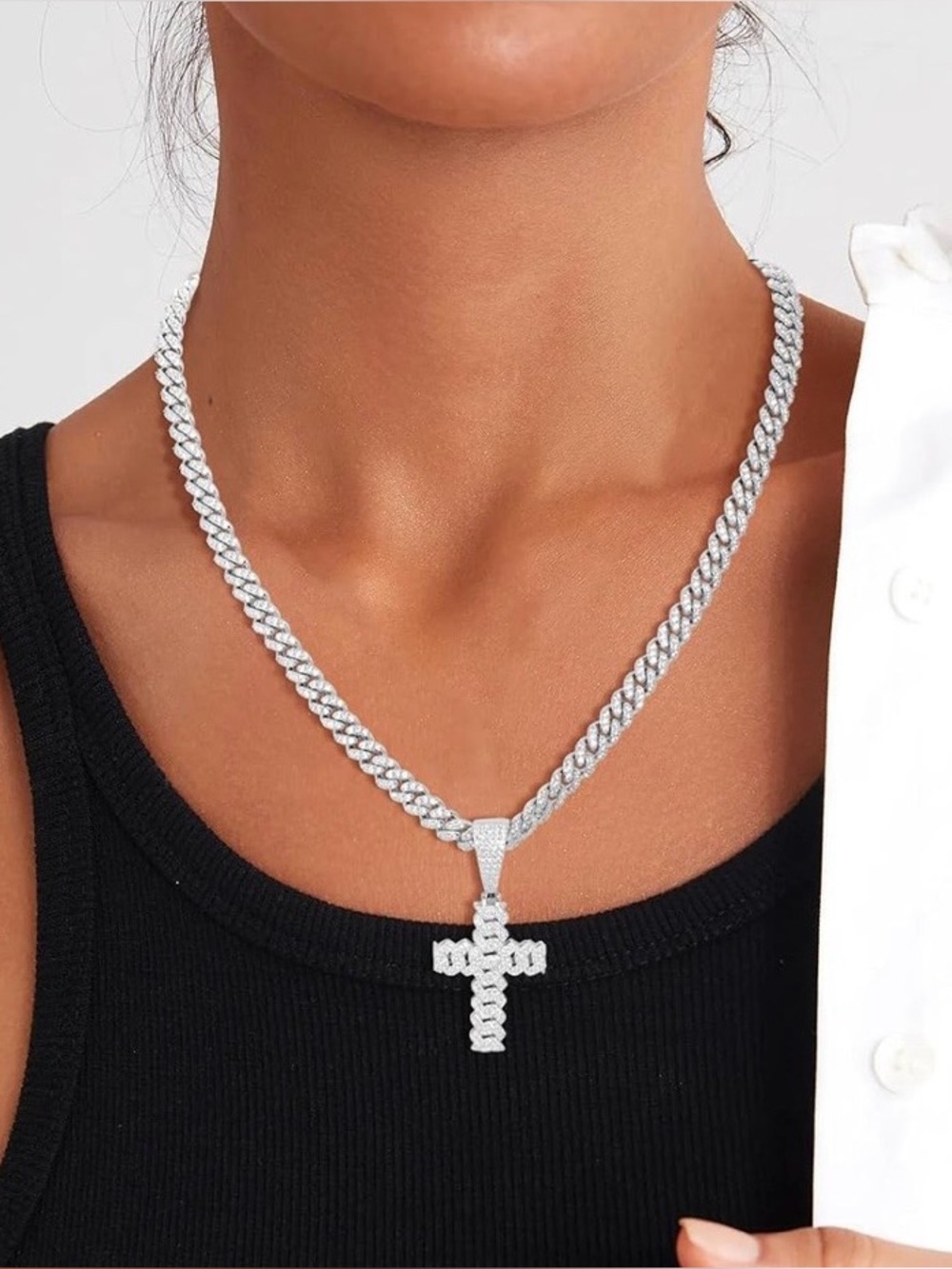 2.7 CTW Moissanite Cuban Link Cross Pendant S925 Sterling Silver DTP